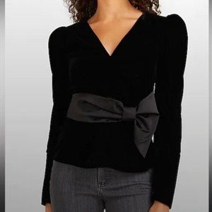 NWT Express Black Velvet Satin Waist Bow Long Sleeve Blouse Top